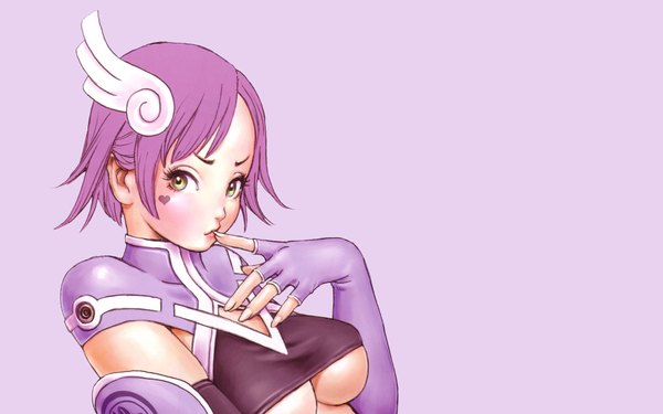 Anime picture 1920x1200 with original yamashita shunya single looking at viewer blush highres short hair breasts light erotic simple background wide image green eyes purple hair wallpaper facial mark finger to mouth purple background girl gloves hair ornament