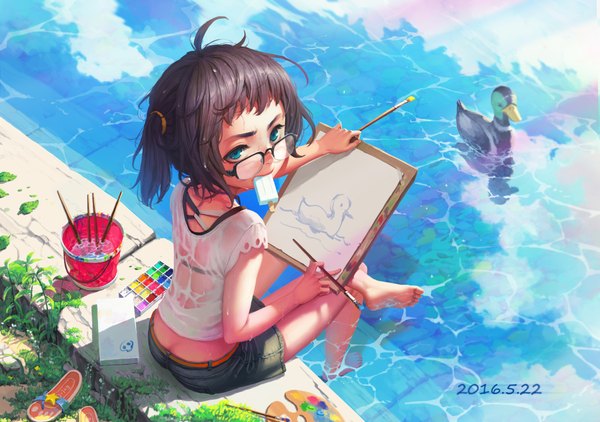 Anime picture 2953x2079 with original rhodes garden single looking at viewer highres short hair blue eyes light erotic black hair twintails holding ahoge outdoors barefoot wet sweat mouth hold turning head dated soles
