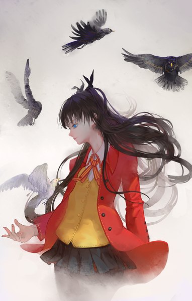 Anime picture 1000x1571 with fate (series) fate/stay night type-moon toosaka rin hoshimawa single long hair tall image blue eyes brown hair twintails looking away profile girl skirt ribbon (ribbons) hair ribbon miniskirt animal bird (birds)