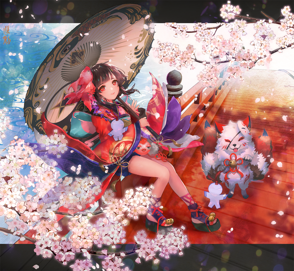 Anime picture 1300x1200 with onmyoji kagura (onmyoji) shutsuri single looking at viewer fringe short hair red eyes brown hair payot full body blunt bangs from above cherry blossoms girl hair ornament animal petals umbrella bell