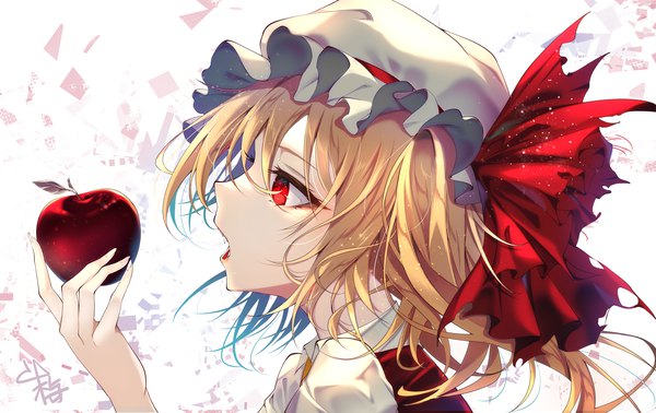 Anime picture 2315x1458 with touhou flandre scarlet yamanakaume single highres short hair open mouth blonde hair red eyes holding looking away upper body profile fang (fangs) girl hat bonnet fruit apple