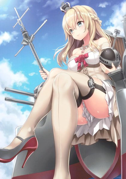 Anime picture 2105x3000 with kantai collection warspite (kantai collection) kase daiki single long hair tall image highres blue eyes light erotic blonde hair sitting looking away sky cloud (clouds) high heels crossed legs girl thighhighs white thighhighs crown