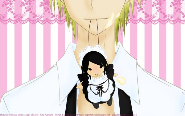 Anime picture 2560x1600 with kaichou wa maid-sama! ayuzawa misaki takumi usui highres black hair blonde hair wide image maid striped striped background girl boy doll (dolls)