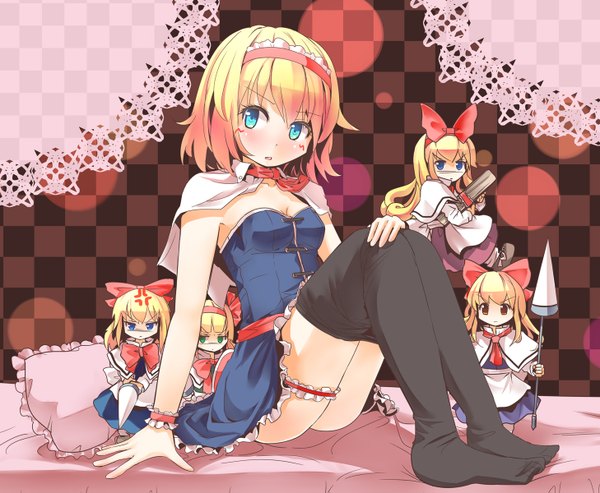 Anime picture 1458x1199 with touhou alice margatroid blush short hair open mouth blue eyes light erotic blonde hair ass legs checkered background girl thighhighs black thighhighs pantyhose bracelet hairband doll (dolls)