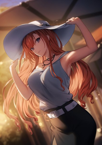 Anime picture 1400x1980 with idolmaster idolmaster shiny colors arisugawa natsuha kyouya (mukuro238) single long hair tall image looking at viewer fringe breasts smile hair between eyes standing outdoors parted lips sunlight blurry orange hair arms up from below