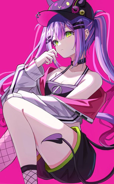 Anime picture 2399x3855 with virtual youtuber hololive tokoyami towa tokoyami towa (1st costume) pension z single long hair tall image highres simple background twintails green eyes payot looking away purple hair tail piercing ear piercing pink background demon tail