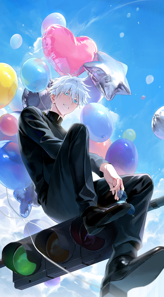 Anime picture 2000x3622 with jujutsu kaisen mappa gojou satoru aimitkkays single tall image looking at viewer highres short hair blue eyes sitting sky silver hair cloud (clouds) full body outdoors from below sunglasses removed boy heart