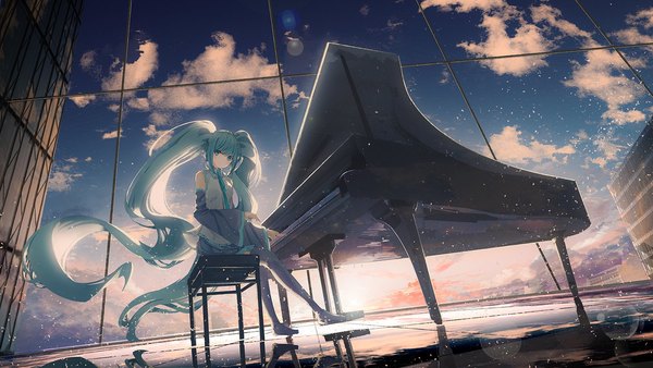 Anime picture 1500x844 with vocaloid hatsune miku chocoshi single looking at viewer fringe breasts wide image sitting twintails bare shoulders sky cloud (clouds) full body indoors very long hair pleated skirt aqua eyes light smile sunlight