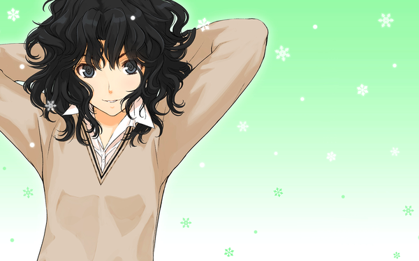 Anime picture 1920x1200 with amagami single highres black hair wide image black eyes arms behind head curly hair girl