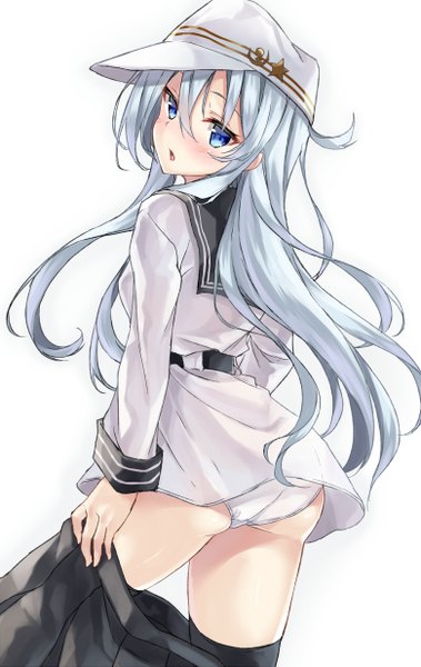 Anime picture 780x1233 with kantai collection hibiki destroyer verniy destroyer kakao rantan single long hair tall image looking at viewer blush fringe open mouth blue eyes light erotic simple background hair between eyes standing white background payot silver hair ass