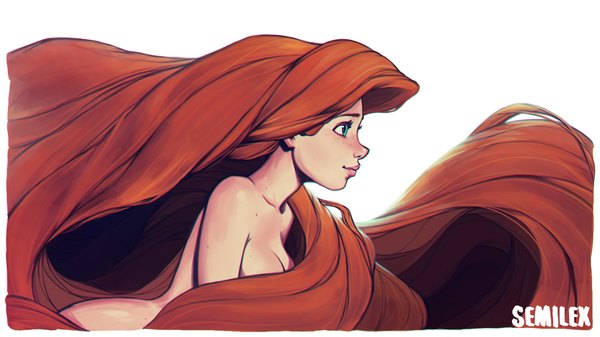 イラスト 1920x1080 と the little mermaid tangled ディズニー ariel rapunzel semilex ソロ highres 青い目 light erotic simple background wide image 白背景 signed very long hair プロフィール nude lips オレンジ髪 no bra