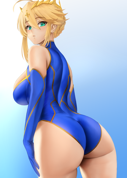 Anime picture 1141x1600 with fate (series) fate/grand order artoria pendragon (all) artoria pendragon (lancer) yamaneko (tkdrumsco) single tall image looking at viewer blush fringe short hair breasts light erotic simple background blonde hair hair between eyes large breasts standing payot ahoge