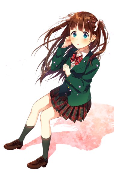 Anime picture 1405x2221 with original kotori (gokigen iori) single long hair tall image looking at viewer blush blue eyes simple background brown hair full body bent knee (knees) pleated skirt from above shadow two side up plaid skirt girl skirt uniform