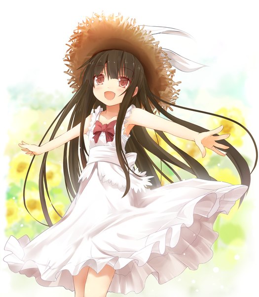 Anime picture 875x1000 with touhou houraisan kaguya efe single long hair tall image blush open mouth red eyes spread arms summer girl dress hat white dress straw hat