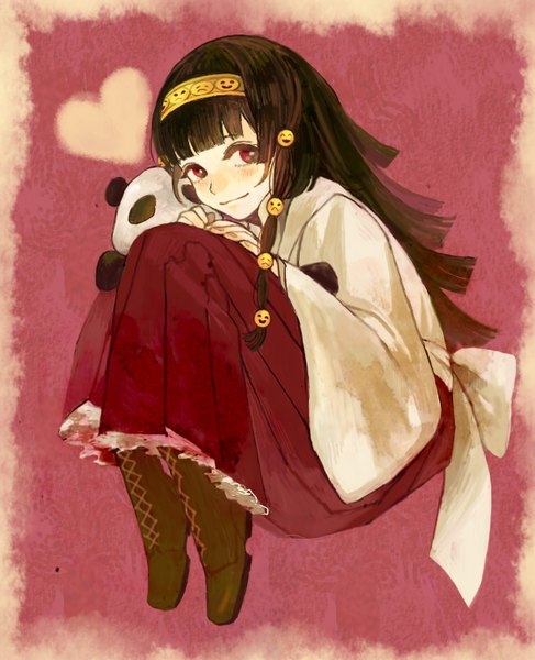 Anime picture 650x800 with hunter x hunter alluka zoldyck koico single long hair tall image looking at viewer blush fringe smile red eyes brown hair full body bent knee (knees) blunt bangs wide sleeves red background lacing otoko no ko embryo's pose