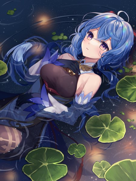 Anime picture 2100x2800 with genshin impact ganyu (genshin impact) ougi (u to4410) single long hair tall image blush fringe highres hair between eyes purple eyes blue hair ahoge horn (horns) partially submerged afloat ophelia's pose girl gloves flower (flowers)
