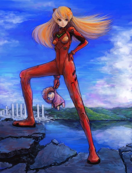 Anime picture 2657x3488 with neon genesis evangelion rebuild of evangelion gainax soryu asuka langley igau single long hair tall image highres blue eyes sky cloud (clouds) lips orange hair realistic hand on hip landscape girl water building (buildings)