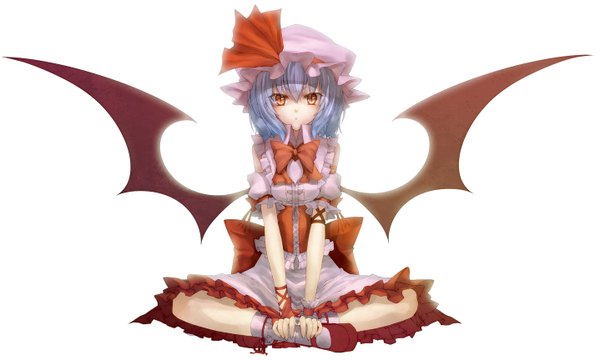 Anime picture 1438x864 with touhou remilia scarlet 1g (artist) single short hair simple background red eyes wide image white background sitting blue hair indian style girl dress wings cap