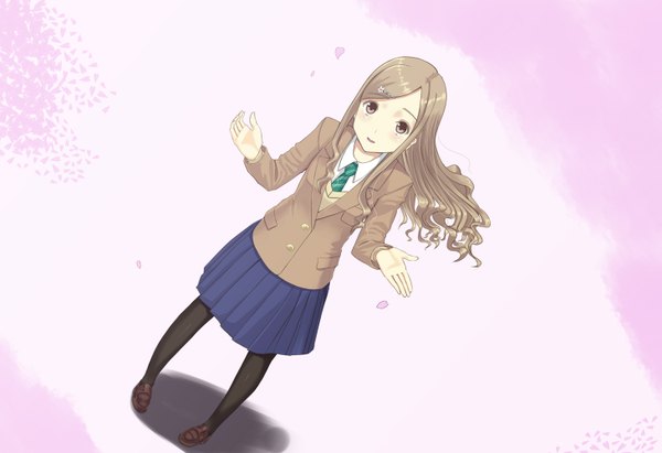 Anime picture 1459x1000 with original frdotnet single long hair looking at viewer blonde hair brown eyes girl skirt uniform school uniform petals