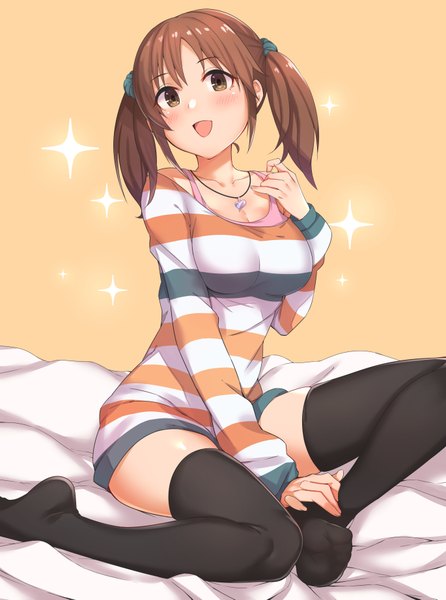 Anime picture 1370x1843 with idolmaster idolmaster cinderella girls totoki airi inuhasiru single long hair tall image looking at viewer blush fringe breasts open mouth light erotic simple background brown hair large breasts sitting twintails bare shoulders brown eyes