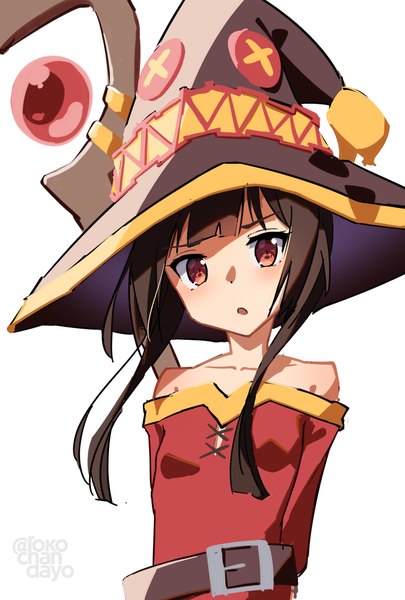 Anime picture 2519x3728 with kono subarashii sekai ni shukufuku wo! studio deen megumin rokochan single long hair tall image highres open mouth simple background red eyes brown hair white background signed upper body :o twitter username girl hat witch hat