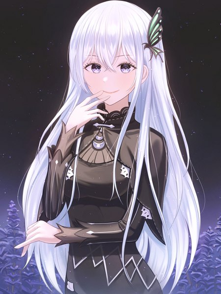 Anime picture 2000x2667 with re:zero kara hajimeru isekai seikatsu white fox echidna (re:zero) youngsok single long hair tall image looking at viewer fringe highres simple background smile hair between eyes standing purple eyes silver hair long sleeves black background hand to mouth pinky out