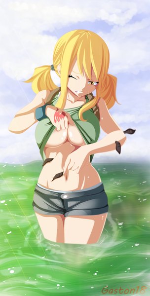 Anime picture 2029x4000 with fairy tail lucy heartfilia tongasart single long hair tall image highres breasts light erotic blonde hair twintails yellow eyes sky cloud (clouds) one eye closed wink midriff tattoo coloring girl