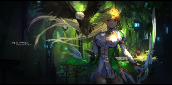 Anime picture 1701x850 with elsword rena erindel swd3e2 single long hair looking at viewer highres blonde hair wide image green eyes letterboxed girl dress hair ornament weapon animal sword bracelet bird (birds) eagle