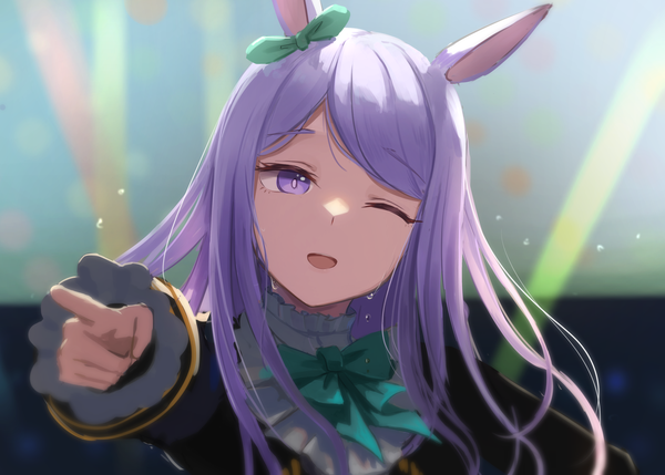 Anime picture 3339x2389 with umamusume mejiro mcqueen (umamusume) tadano tarako single long hair looking at viewer fringe highres open mouth purple eyes animal ears absurdres purple hair upper body one eye closed sweat ;d horse ears pointing at viewer girl