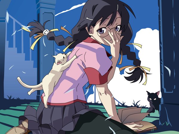 Anime picture 3200x2400 with bakemonogatari shaft (studio) monogatari (series) hanekawa tsubasa highres vector cat