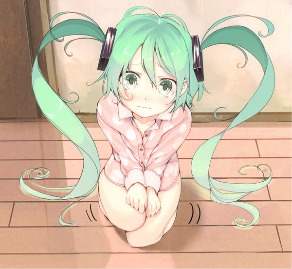 Anime picture 1085x1000 with vocaloid hatsune miku furukawa itsuse single long hair looking at viewer blush fringe hair between eyes sitting twintails green eyes green hair from above girl shirt