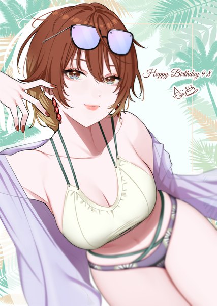 Anime picture 1275x1791 with idolmaster idolmaster shiny colors aketa mikoto maou (demonlord) single tall image looking at viewer fringe short hair breasts light erotic hair between eyes brown hair large breasts brown eyes nail polish from above lips sunglasses on head happy birthday