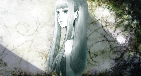 Anime picture 1600x868 with original bounin single long hair wide image grey hair black eyes monochrome girl