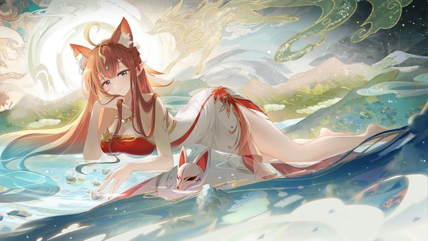 Anime picture 1920x1080 with original zuo600 single long hair looking at viewer fringe highres breasts blue eyes light erotic brown hair wide image large breasts animal ears payot full body ahoge lying braid (braids) nail polish