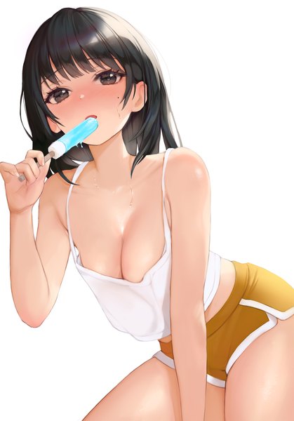 Anime-Bild 2000x2867 mit original raeun 46 single long hair tall image looking at viewer blush fringe highres breasts open mouth light erotic black hair simple background large breasts white background bare shoulders holding cleavage blunt bangs