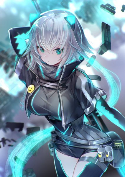 Anime picture 707x1000 with icey (game) icey miyuki ruria single tall image looking at viewer fringe short hair breasts hair between eyes standing signed animal ears silver hair arm up aqua eyes blurry twitter username glowing fake animal ears