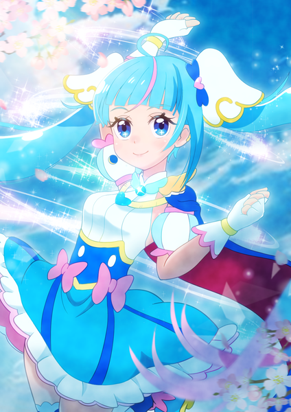 Anime picture 1240x1754 with precure hirogaru sky! precure toei animation sora harewataru cure sky asukamama89 single long hair tall image looking at viewer fringe blue eyes smile twintails blue hair ahoge blunt bangs multicolored hair sparkle streaked hair