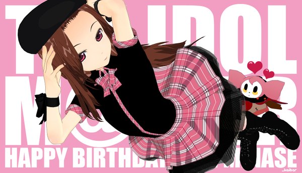 Anime picture 1680x965 with idolmaster minase iori long hair red eyes brown hair wide image looking away inscription goth-loli girl dress bracelet toy cap