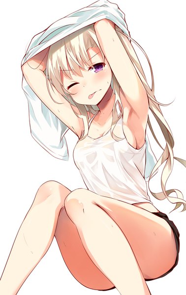 Anime picture 568x900 with sachiiro hanamizuki mizuki sasahara sasahara wakaba single long hair tall image blush light erotic simple background blonde hair white background sitting purple eyes bent knee (knees) one eye closed armpit (armpits) sweat dressing girl shorts