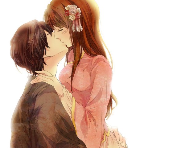 Anime picture 1280x1024 with axis powers hetalia studio deen japan (hetalia) taiwan (hetalia) rikuko long hair blush short hair simple background brown hair white background eyes closed japanese clothes couple chinese clothes kiss girl boy hair ornament hairclip