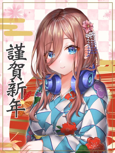 Anime picture 1628x2152 with go-toubun no hanayome nakano miku syatihoko single long hair tall image looking at viewer blush fringe blue eyes smile hair between eyes brown hair upper body traditional clothes japanese clothes light smile floral print hieroglyph border