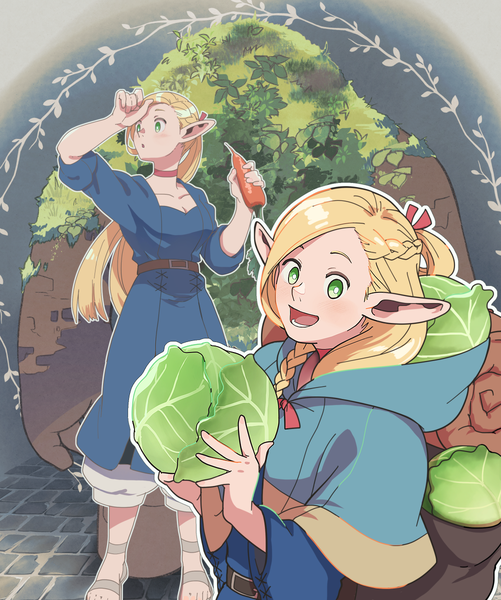 Anime picture 1002x1200 with dungeon meshi studio trigger marcille donato b-saku long hair tall image open mouth blonde hair green eyes :d multiview half updo hand on head girl dress choker hood blue dress sandals vegetables