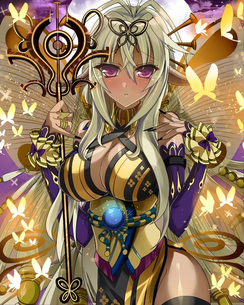 Anime picture 1280x1600 with original cosmos single long hair tall image looking at viewer blush breasts light erotic large breasts purple eyes white hair pointy ears insect wings butterfly wings girl dress hair ornament wings insect