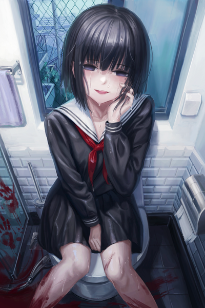 Anime picture 2734x4100 with original kafkasea single tall image blush fringe highres short hair open mouth black hair smile sitting blunt bangs from above black eyes mole wet mole under eye between legs empty eyes