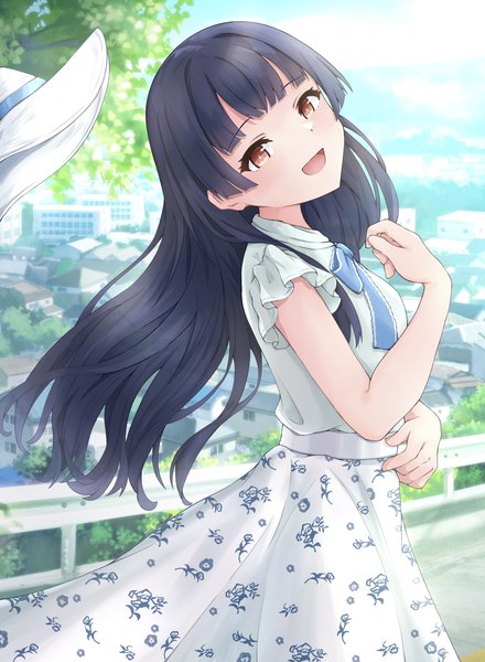 Anime picture 2200x3000 with idolmaster idolmaster shiny colors mayuzumi fuyuko kn27 single long hair tall image blush fringe highres breasts open mouth black hair smile standing brown eyes sky cloud (clouds) outdoors blunt bangs