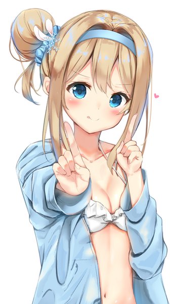 Anime picture 2082x3541 with girls frontline suomi kp31 (girls frontline) sashima single long hair tall image looking at viewer blush fringe highres breasts blue eyes light erotic simple background blonde hair smile hair between eyes standing white background payot