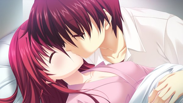 Anime picture 1280x720 with furuiro meikyuu rondo long hair short hair wide image game cg red hair eyes closed kiss girl boy