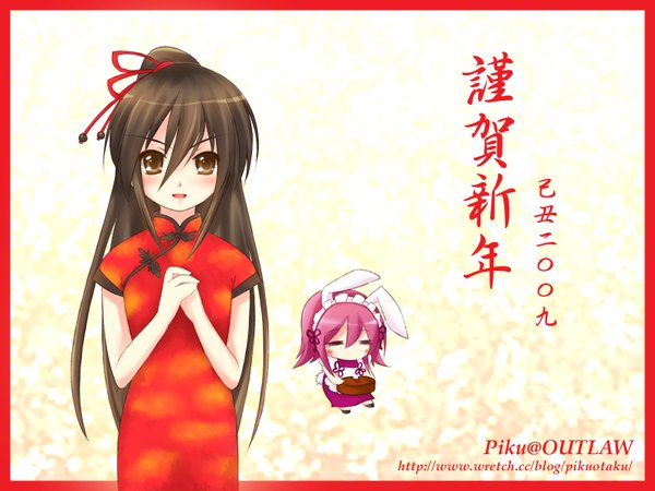 Anime picture 1600x1200 with shakugan no shana j.c. staff shana wilhelmina carmel long hair highres brown eyes animal ears ponytail bunny ears chinese clothes chibi 2009 chinese new year chinese dress piku