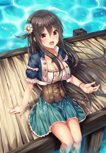 イラスト 2200x3174 と オリジナル 雨木ころな ソロ 長髪 長身像 赤面 前髪 highres おっぱい 開いた口 黒髪 hair between eyes 座る 黄色眼 cleavage hair flower from above arm support sparkle underbust