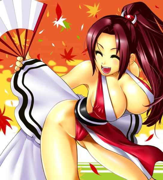 Anime picture 2900x3200 with the king of fighters snk shiranui mai pleasure-treasure single long hair tall image highres breasts open mouth light erotic large breasts ponytail red hair eyes closed girl leaf (leaves)